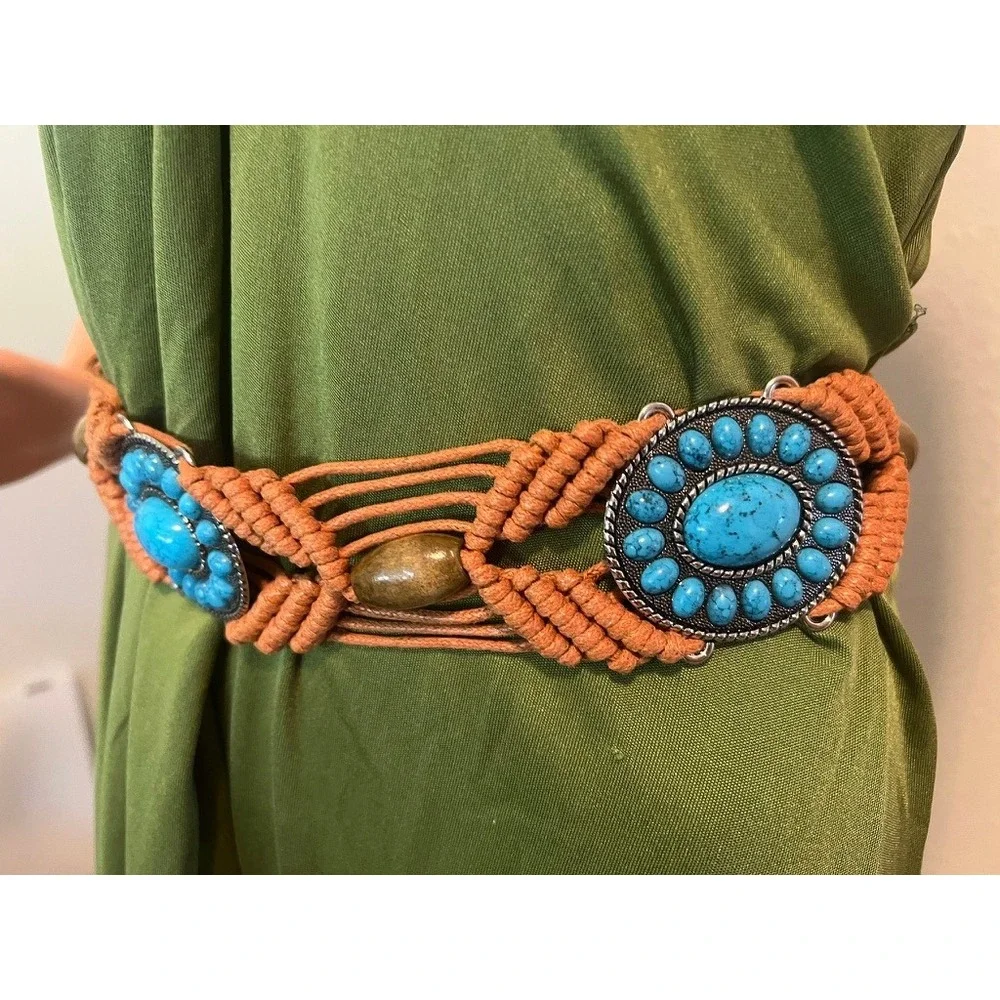 Macrame Braided Belt Terracotta Turquoise Southwestern Boho Up to 40
